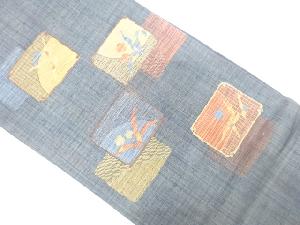 手織り紬色紙に花模様織出し袋帯